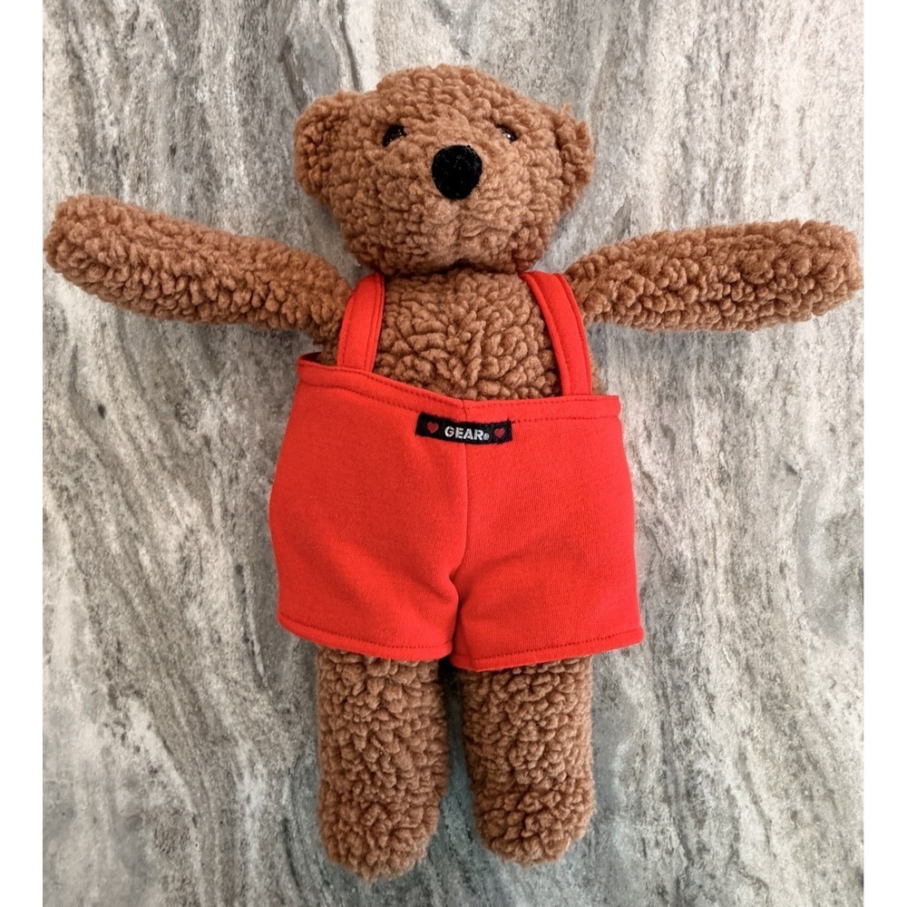 VTG 1986 Kinder GUND Gear Wooly Brown Teddy Bear 16" Plush Red Overalls Rattle